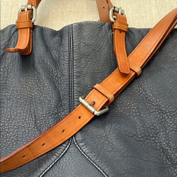 Christopher Kon Crossbody Bag Blue Leather Large Travel Tan Buckles - Picture 3 of 16